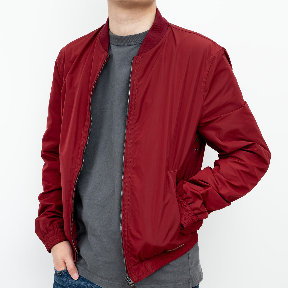Burberry Red Nylon Bomber Jacket with Ribbed Details Size M
