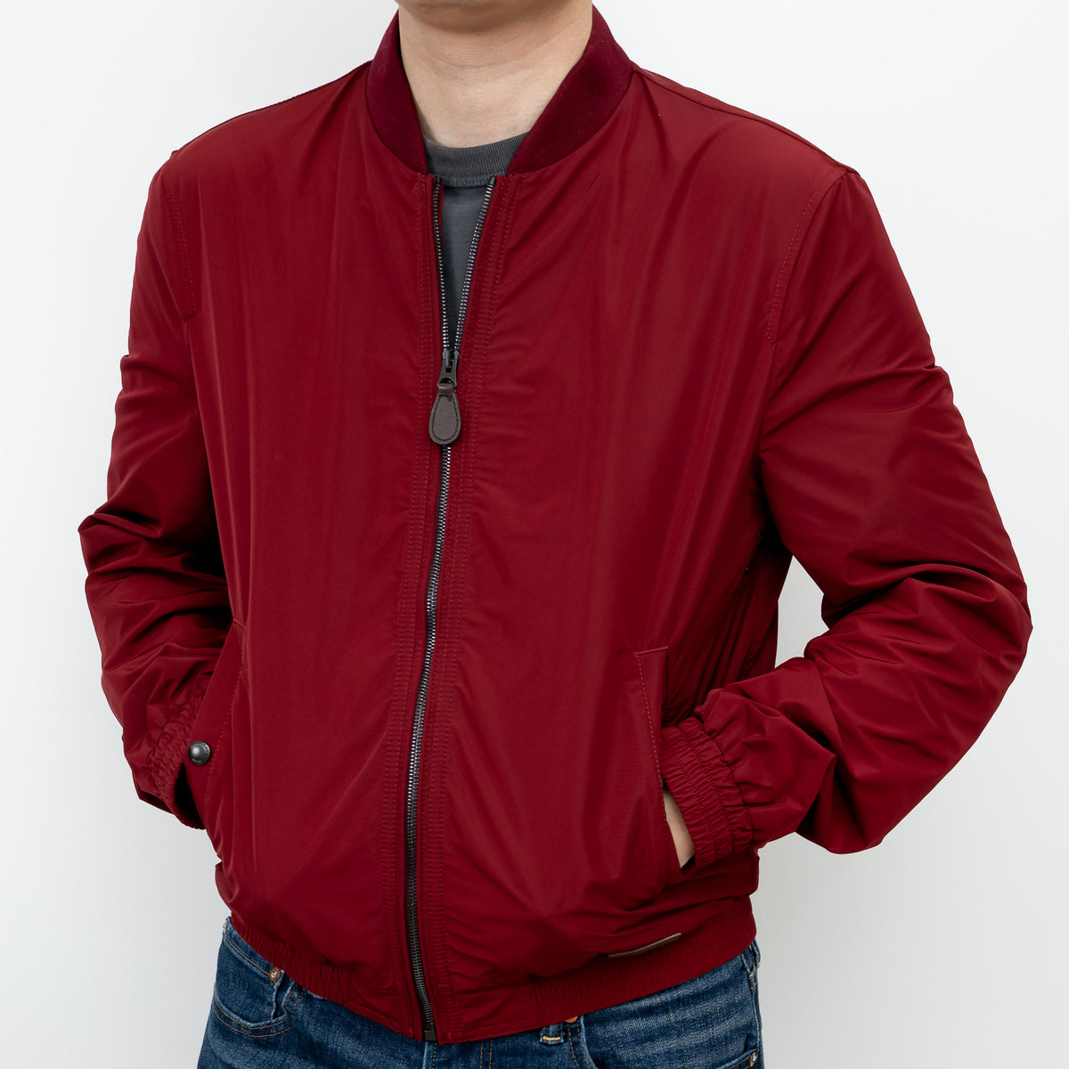 Burberry Red Nylon Bomber Jacket with Ribbed Details Size M