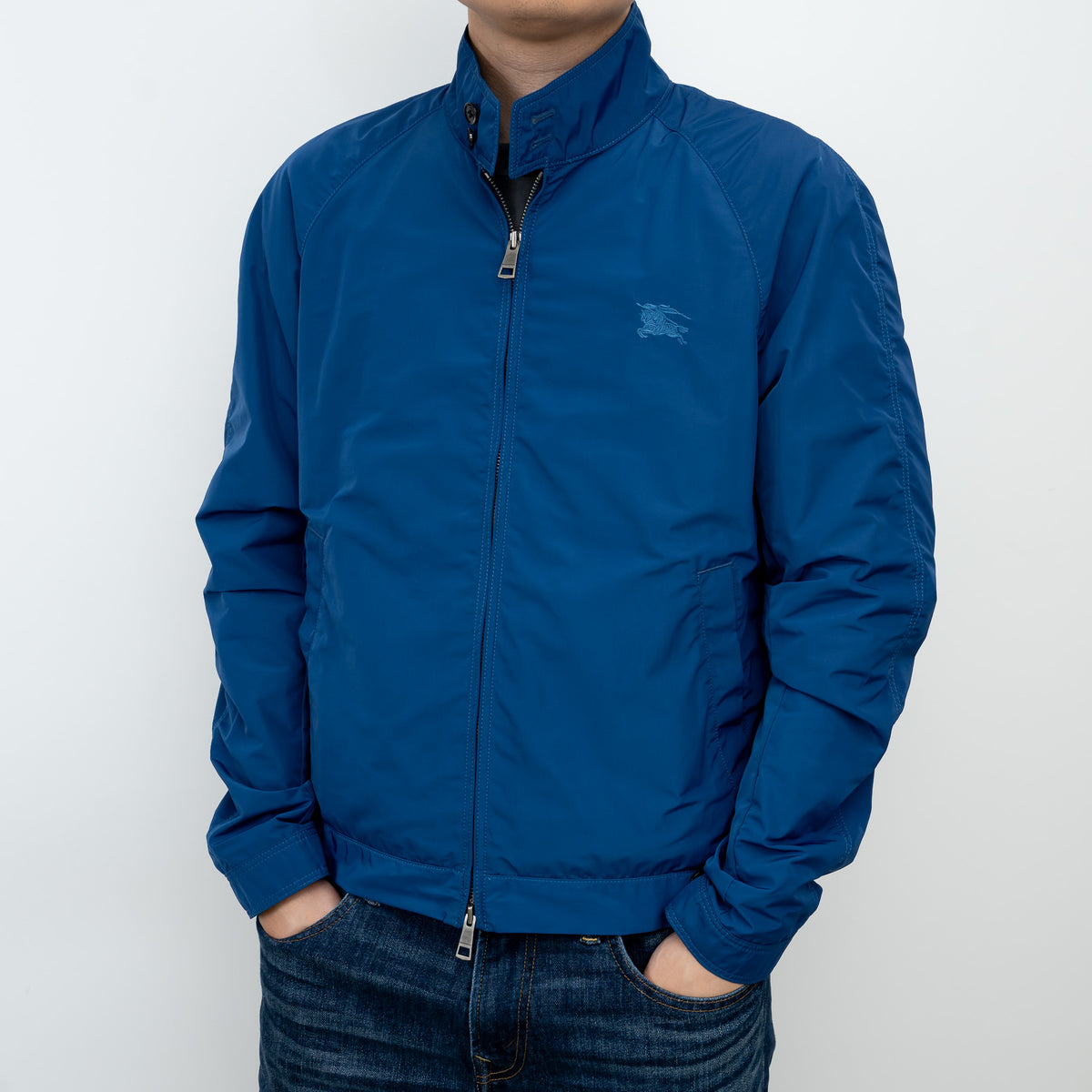 Burberry Blue Nylon Bomber Jacket with Ribbed Details Size M