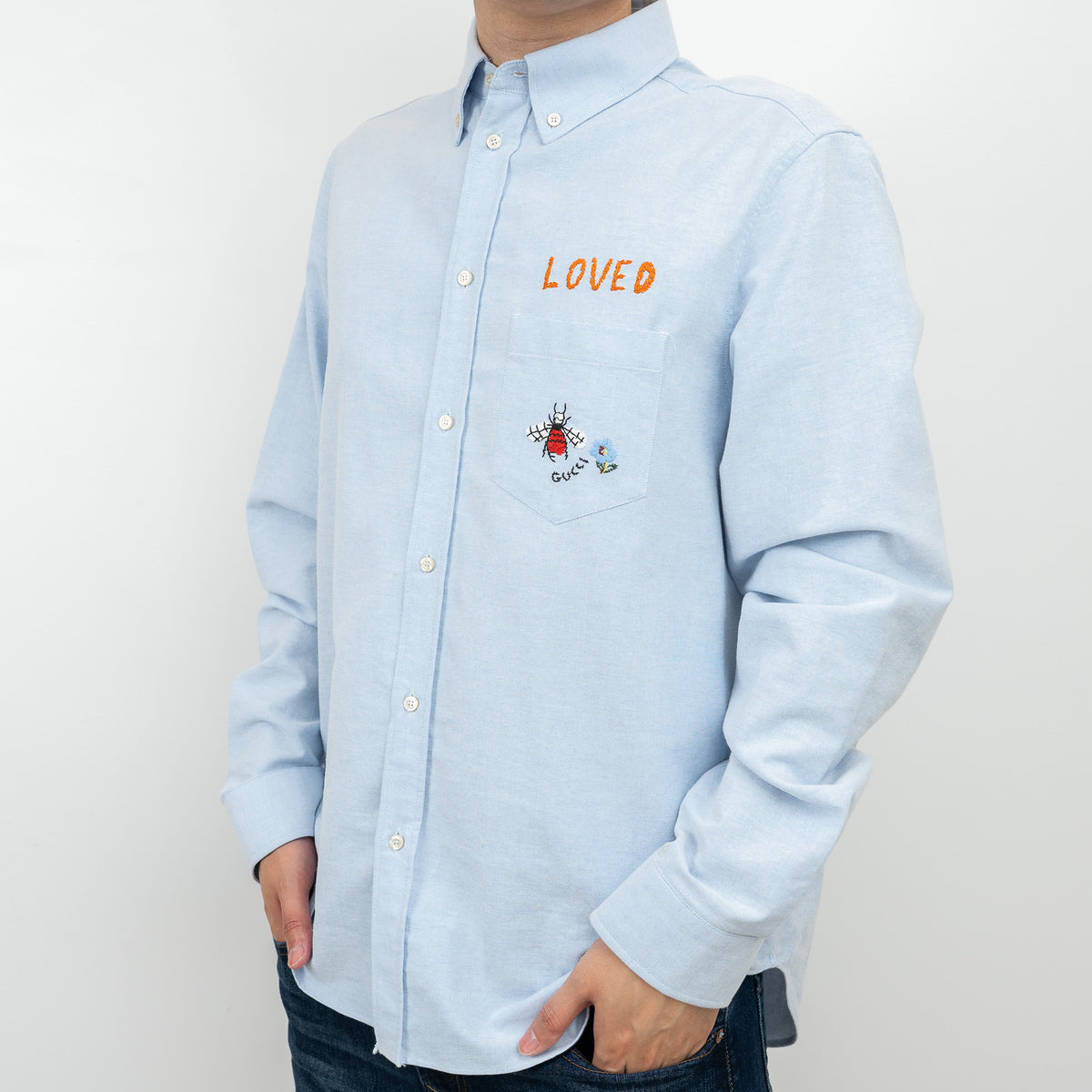 Gucci Blue Button Up with Embroidered Details Size 41