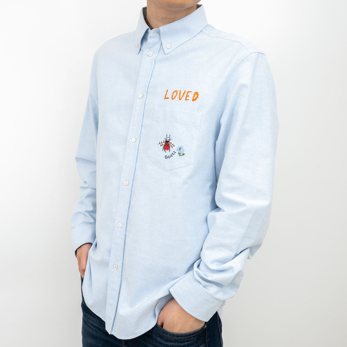 Gucci Blue Button Up with Embroidered Details Size 41