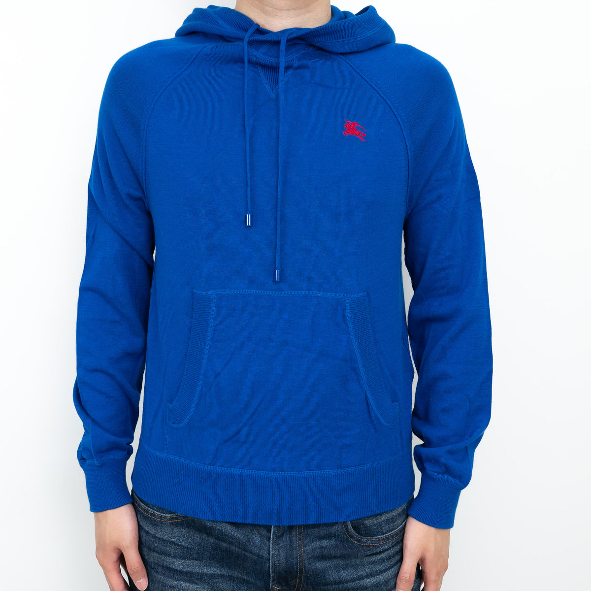 Burberry Blue Knit Hoodie with Red Logo Size M