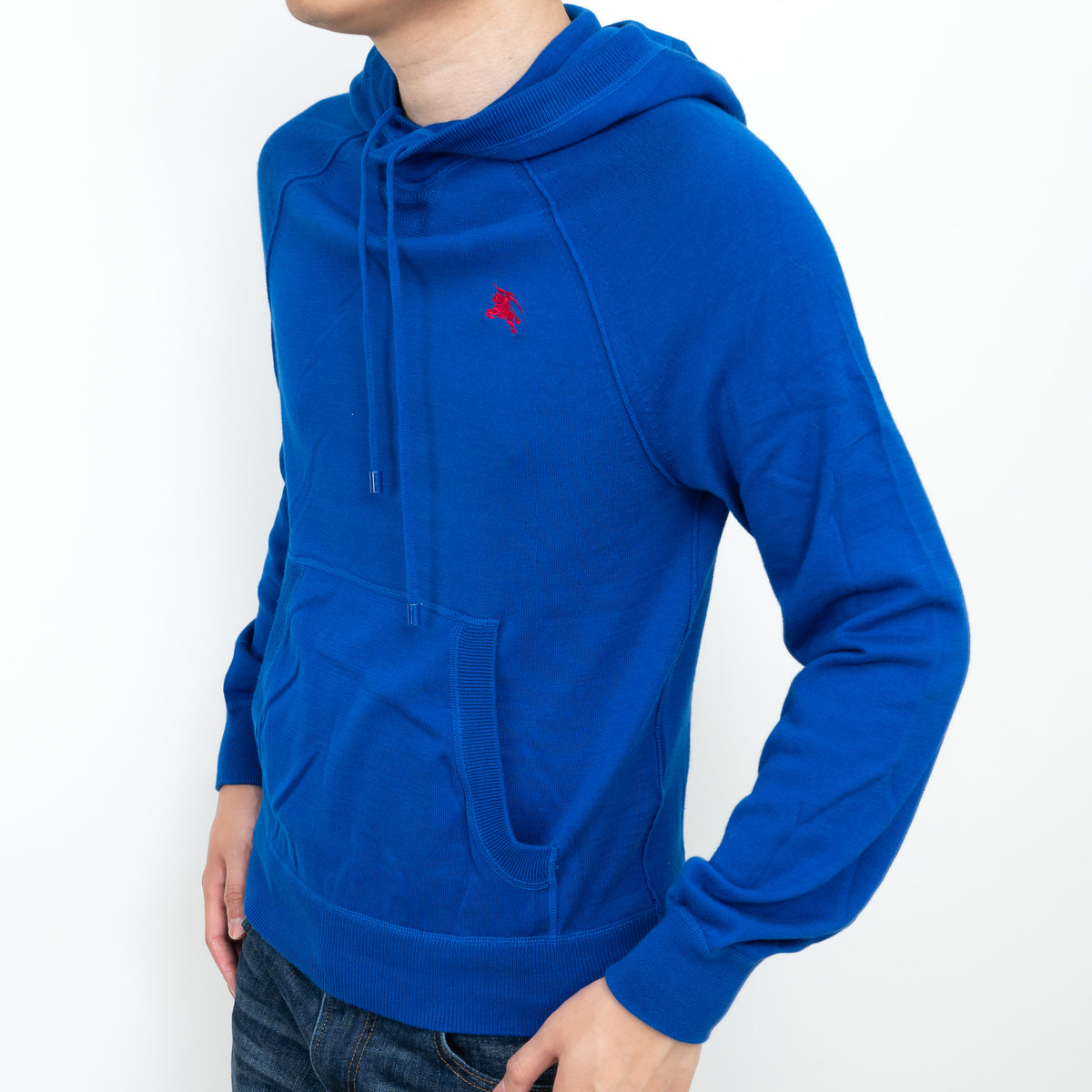 Burberry Blue Knit Hoodie with Red Logo Size M