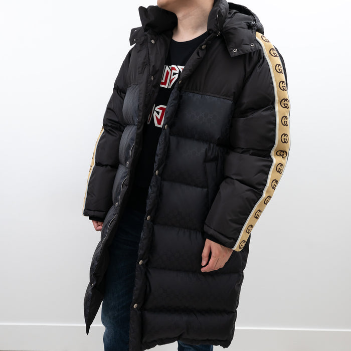 Gucci Black Nylon GG Jacquard Long Down Coat Size 50