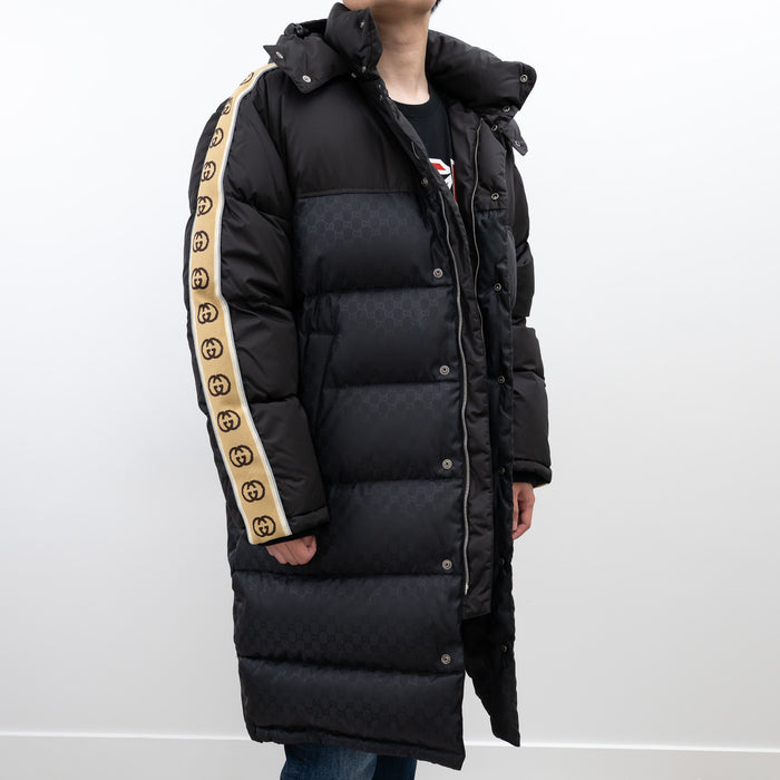 Gucci Black Nylon GG Jacquard Long Down Coat Size 50