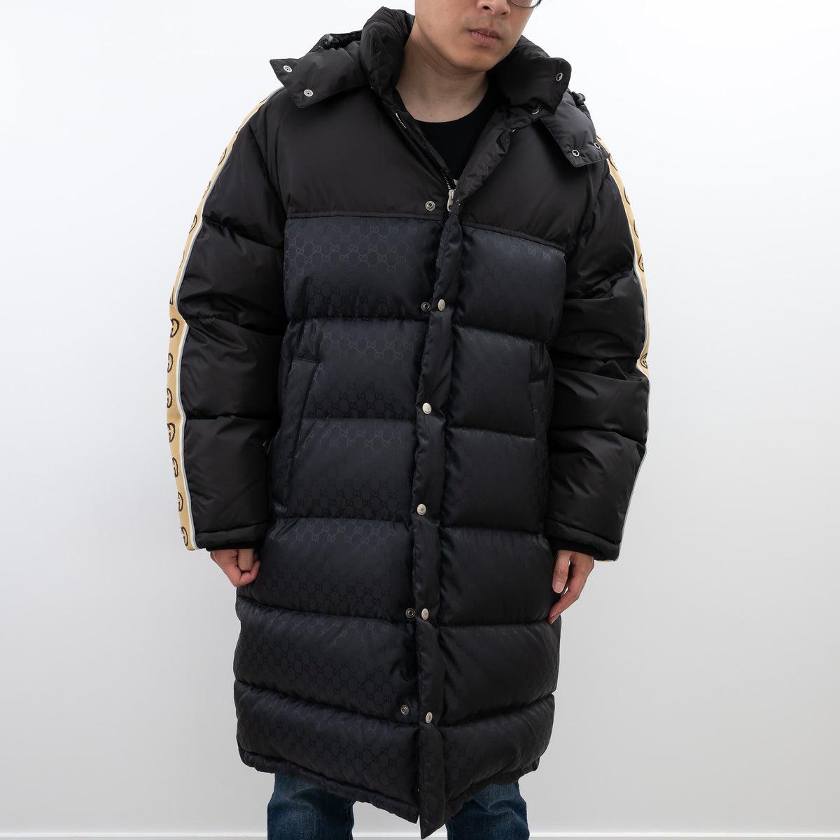 Gucci Black Nylon GG Jacquard Long Down Coat Size 50