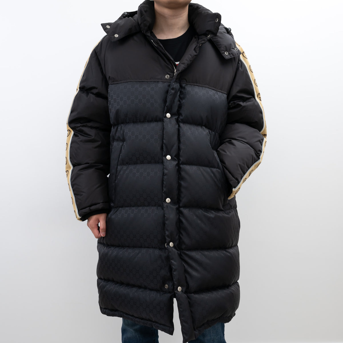 Gucci Black Nylon GG Jacquard Long Down Coat Size 50