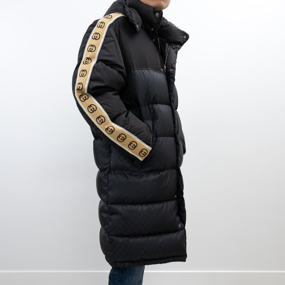 Gucci Black Nylon GG Jacquard Long Down Coat Size 50