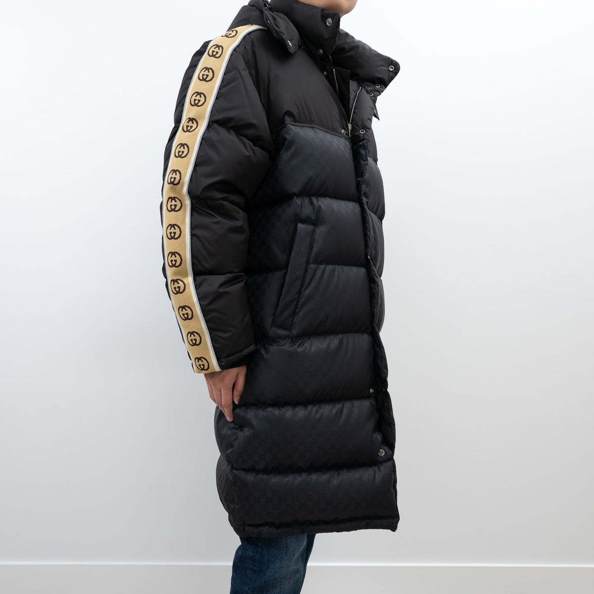 Gucci Black Nylon GG Jacquard Long Down Coat Size 50