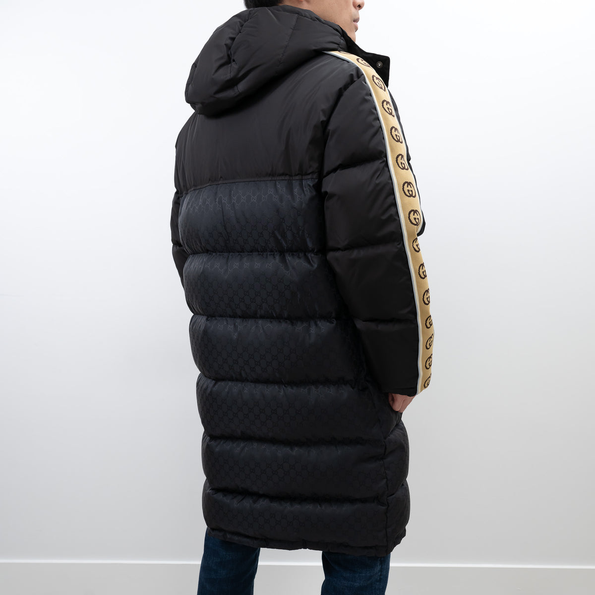 Gucci Black Nylon GG Jacquard Long Down Coat Size 50