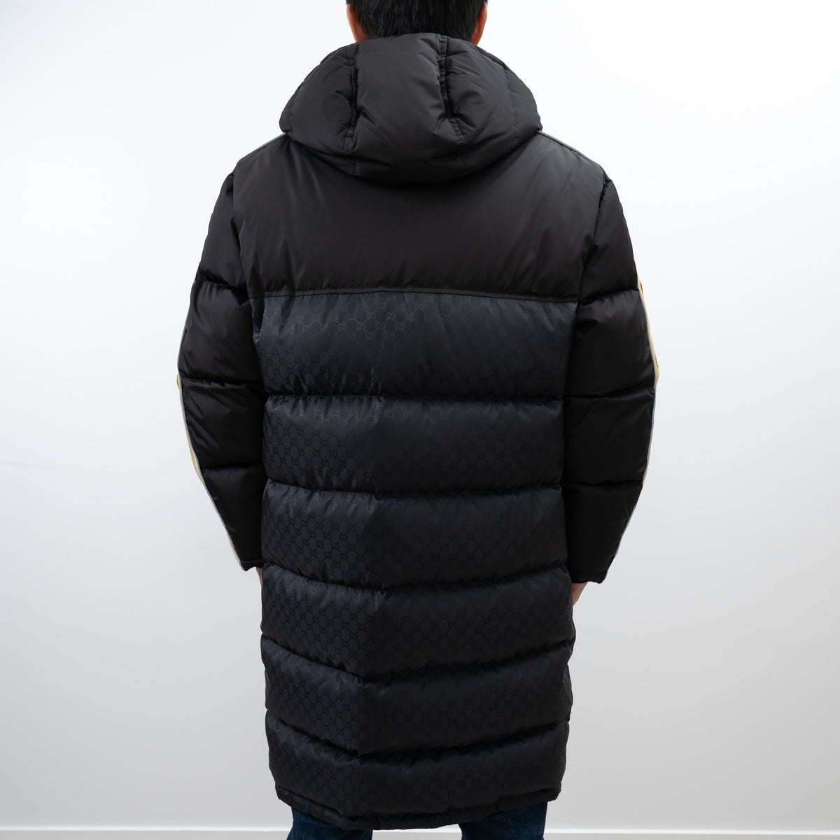 Gucci Black Nylon GG Jacquard Long Down Coat Size 50