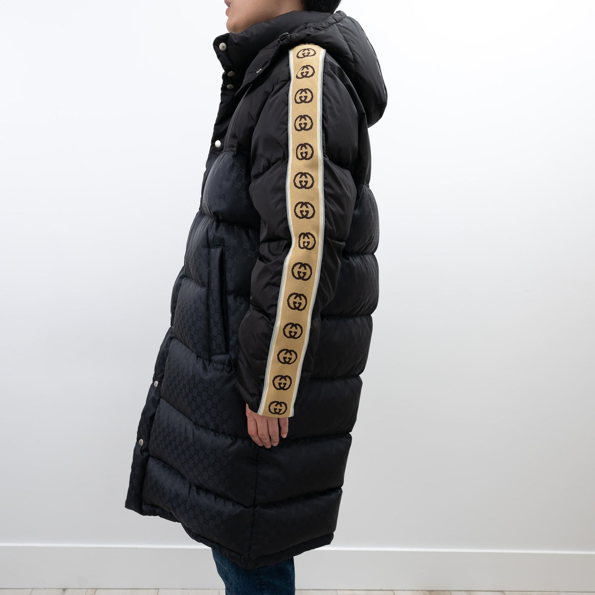 Gucci Black Nylon GG Jacquard Long Down Coat Size 50