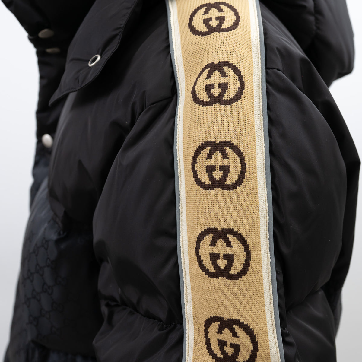 Gucci Black Nylon GG Jacquard Long Down Coat Size 50