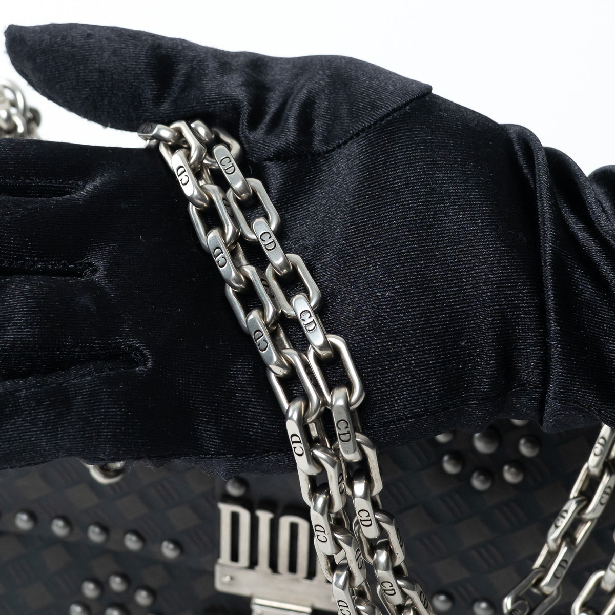 Dior Black Leather Debossed Patterned DiorAddict Studded Bag