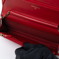 Pre-Loved Chanel ™ Red Pebbled Leather CC Timeless Wallet on Chain