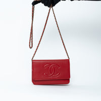 Pre-Loved Chanel ™ Red Pebbled Leather CC Timeless Wallet on Chain