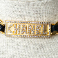 Pre-Loved Chanel™ Gold Tone Interlaced Leather and Chain Crystal Embellished Logo Choker