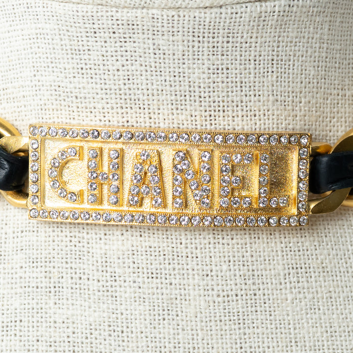 Pre-Loved Chanel™ Gold Tone Interlaced Leather and Chain Crystal Embellished Logo Choker