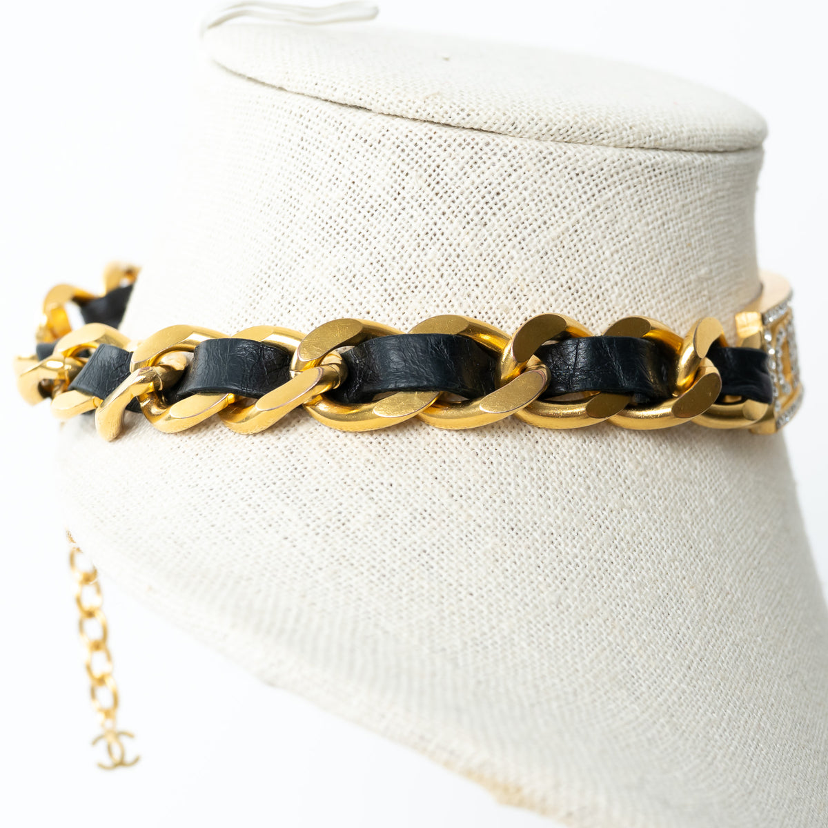 Pre-Loved Chanel™ Gold Tone Interlaced Leather and Chain Crystal Embellished Logo Choker