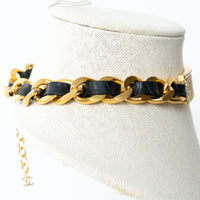 Pre-Loved Chanel™ Gold Tone Interlaced Leather and Chain Crystal Embellished Logo Choker