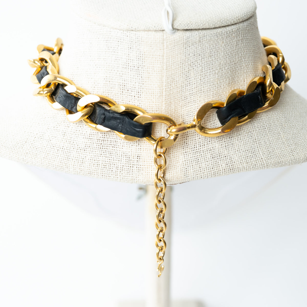 Pre-Loved Chanel™ Gold Tone Interlaced Leather and Chain Crystal Embellished Logo Choker
