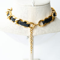 Pre-Loved Chanel™ Gold Tone Interlaced Leather and Chain Crystal Embellished Logo Choker
