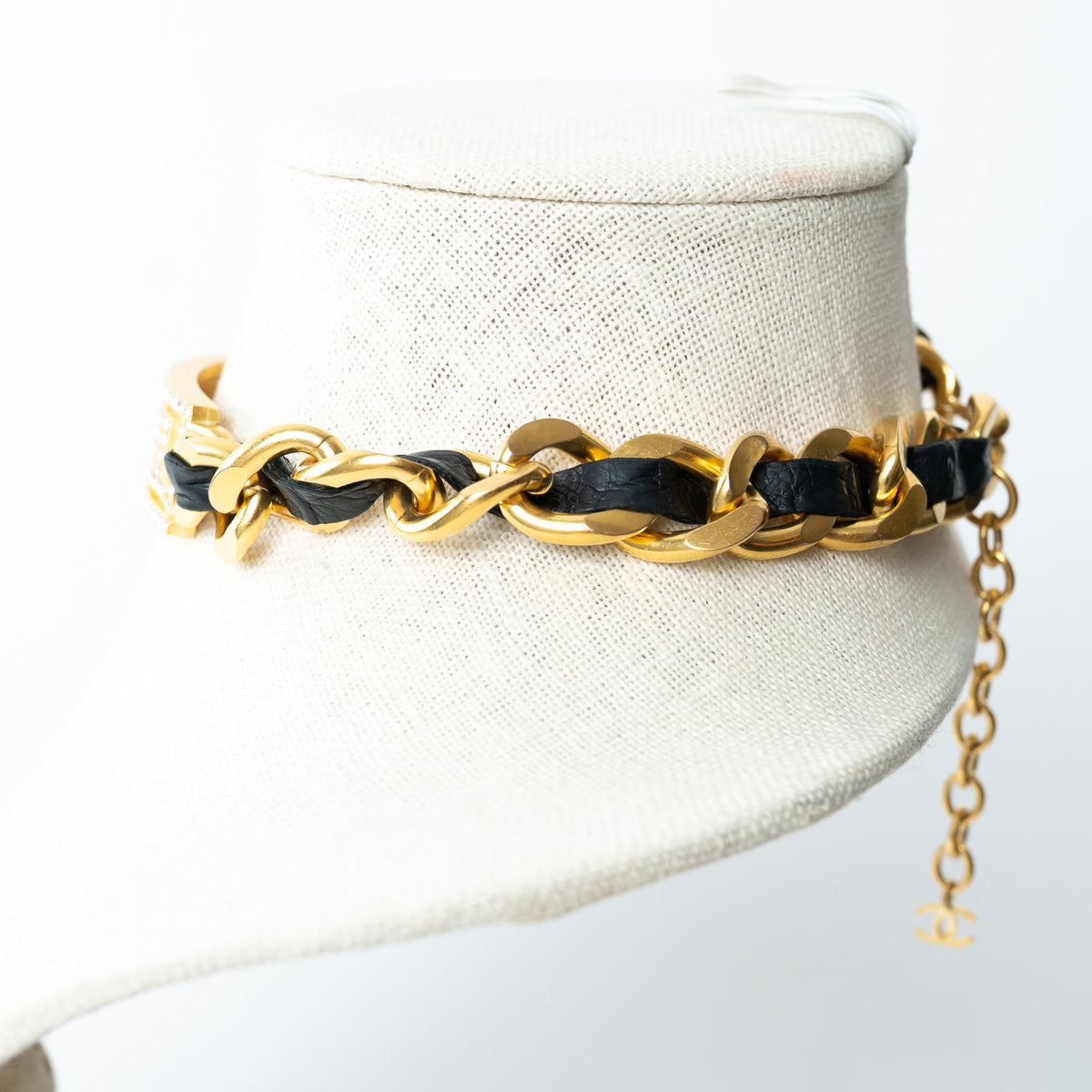 Pre-Loved Chanel™ Gold Tone Interlaced Leather and Chain Crystal Embellished Logo Choker