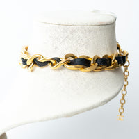Pre-Loved Chanel™ Gold Tone Interlaced Leather and Chain Crystal Embellished Logo Choker