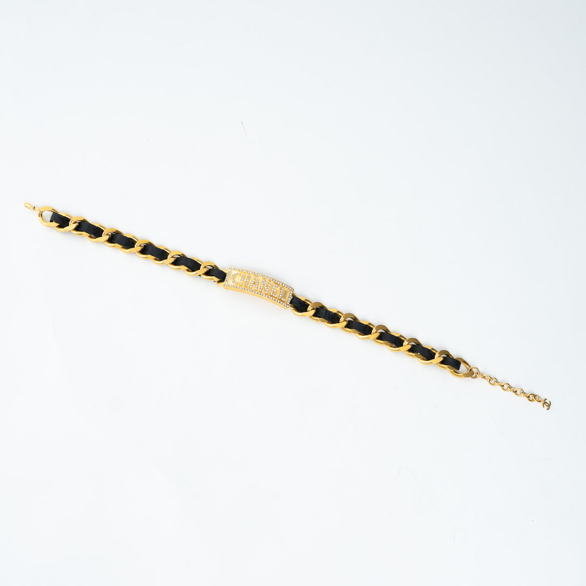 Pre-Loved Chanel™ Gold Tone Interlaced Leather and Chain Crystal Embellished Logo Choker