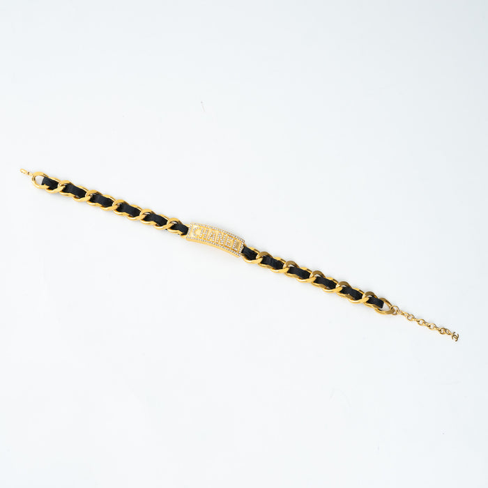 Pre-Loved Chanel™ Gold Tone Interlaced Leather and Chain Crystal Embellished Logo Choker