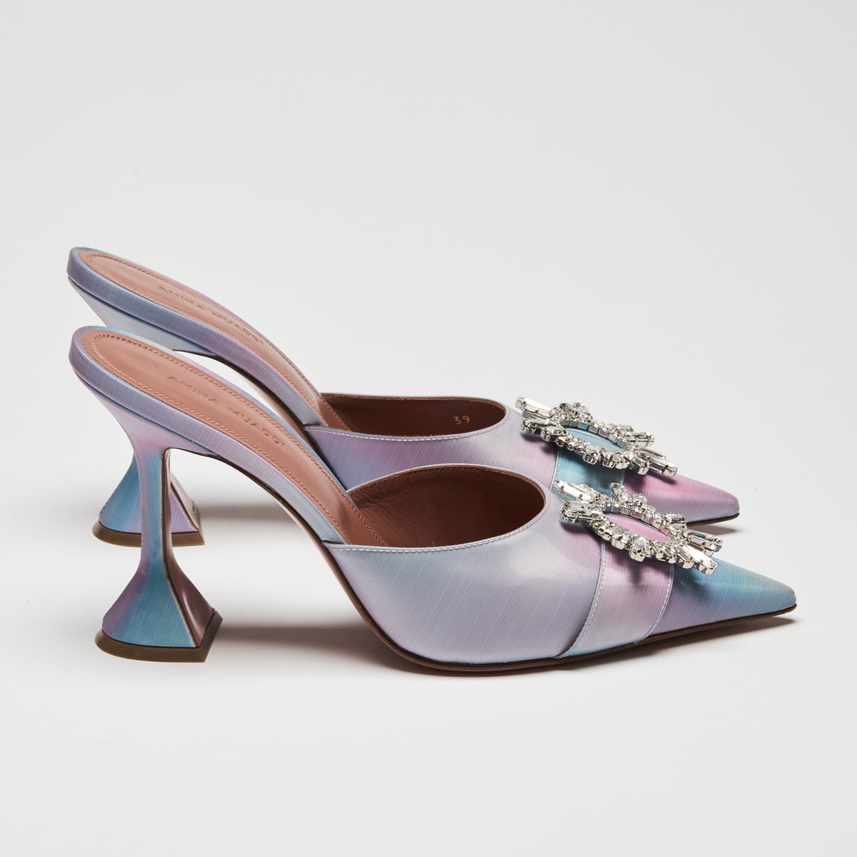 Amina Muaddi Begum Iridescent Mules with Crystal Brooch Embellishment Size 39