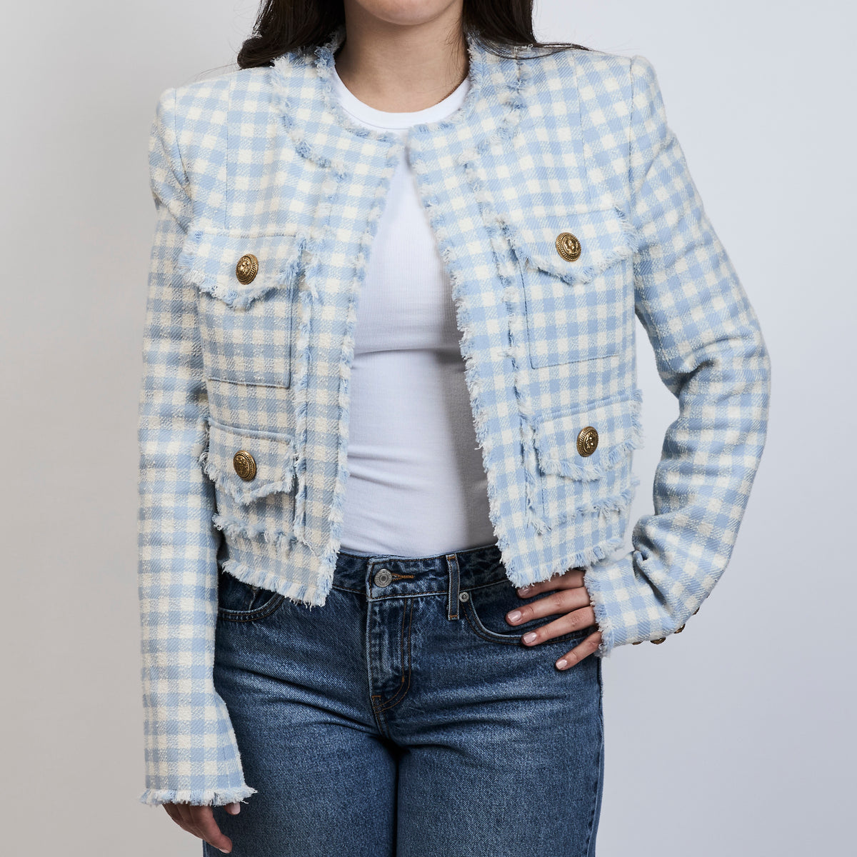 Balmain White and Blue Tweed Jacket Size 42
