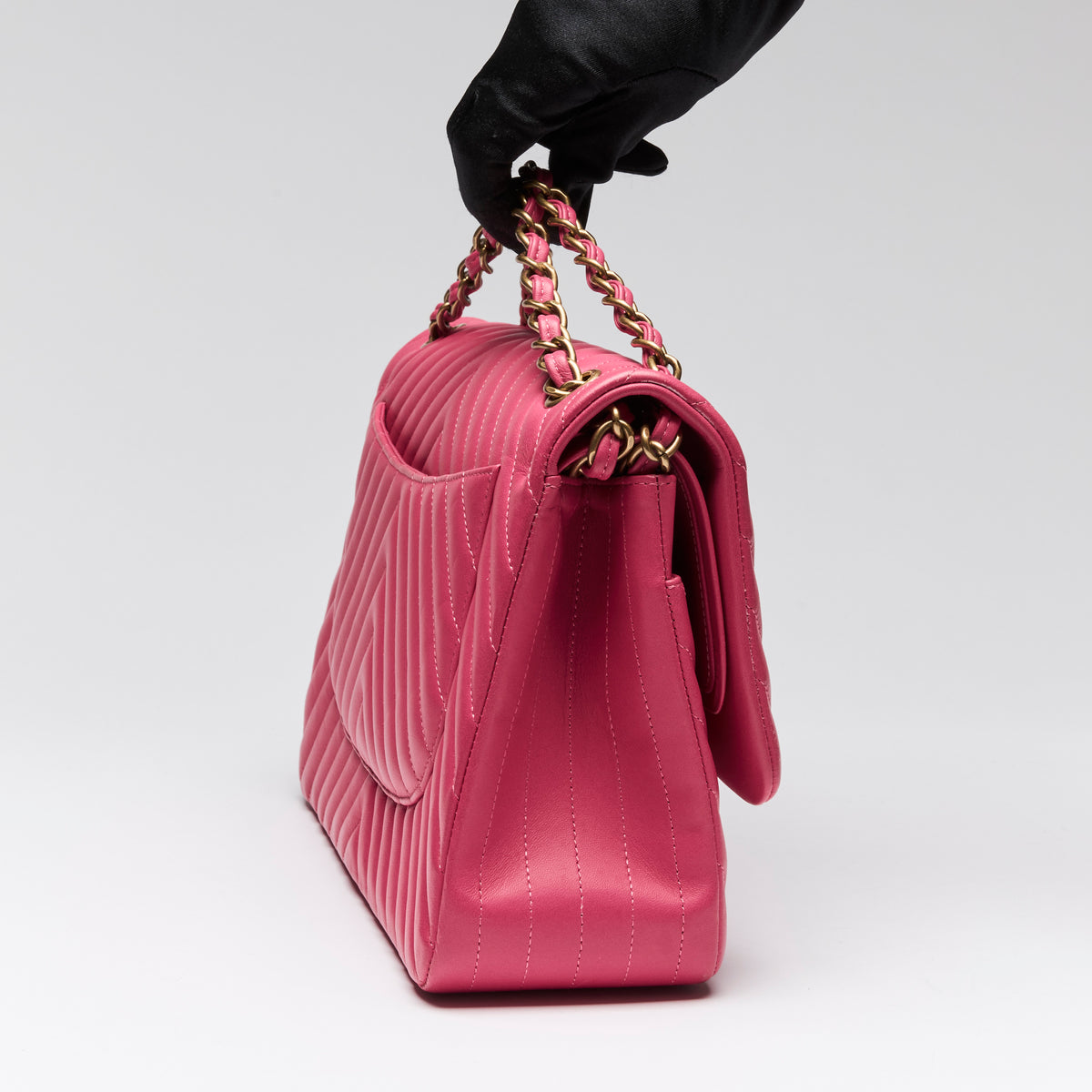 Pre-Loved Chanel™ Pink Lambskin Leather Chevron Jumbo Double Flap Bag