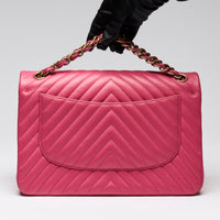 Pre-Loved Chanel™ Pink Lambskin Leather Chevron Jumbo Double Flap Bag