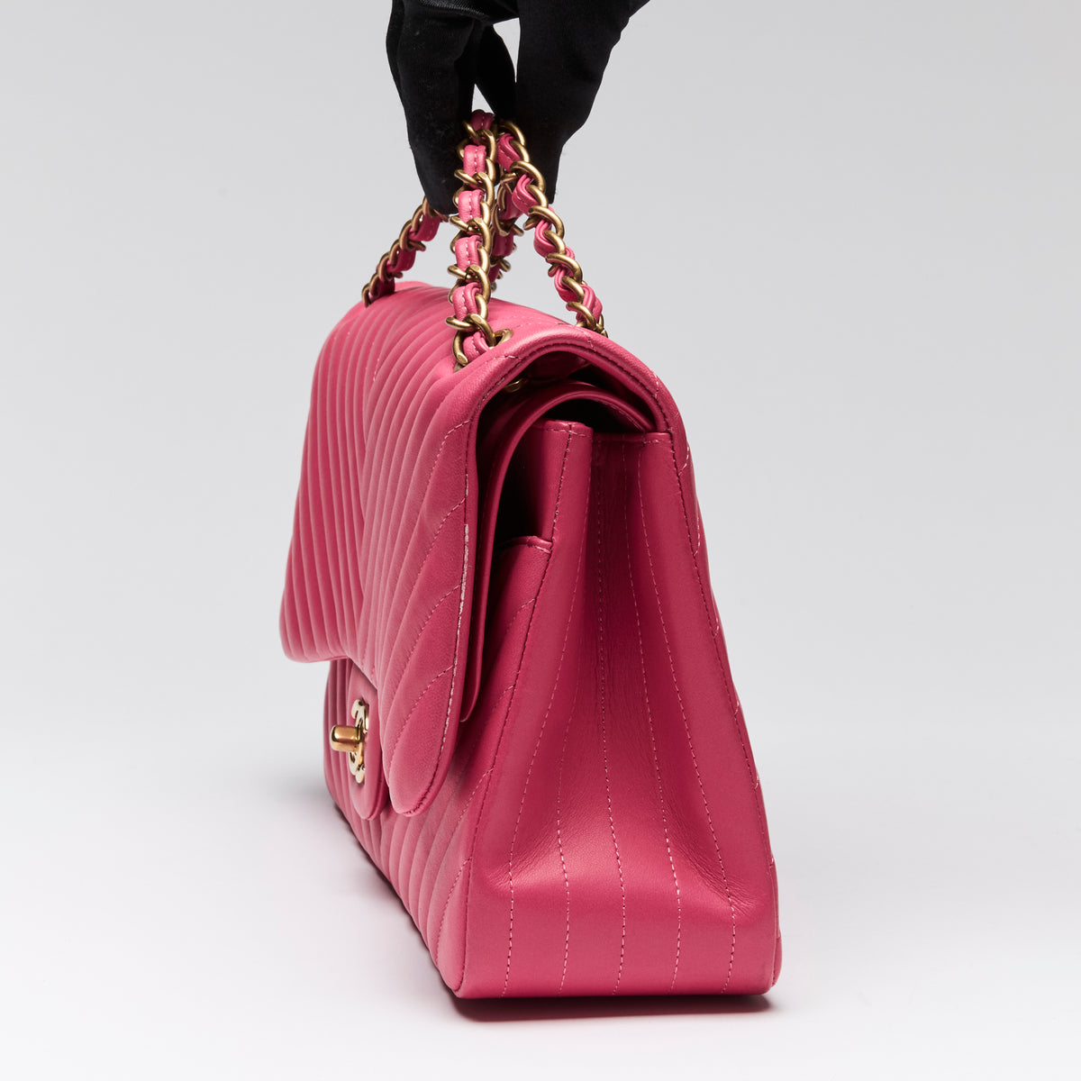 Pre-Loved Chanel™ Pink Lambskin Leather Chevron Jumbo Double Flap Bag