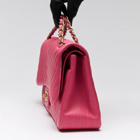 Pre-Loved Chanel™ Pink Lambskin Leather Chevron Jumbo Double Flap Bag