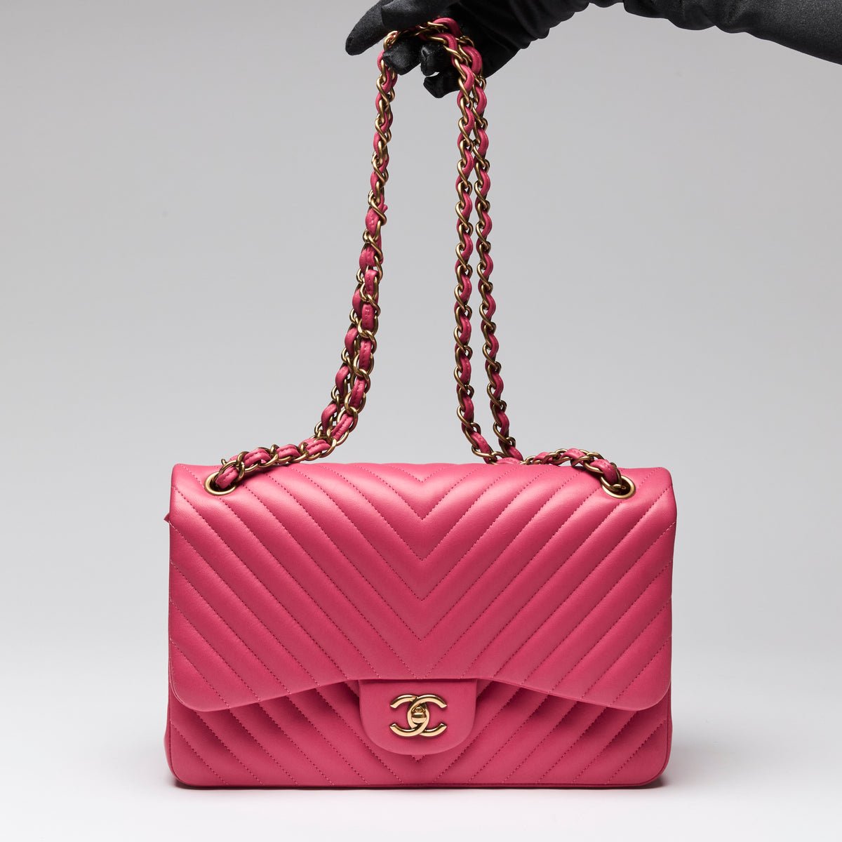 Pre-Loved Chanel™ Pink Lambskin Leather Chevron Jumbo Double Flap Bag