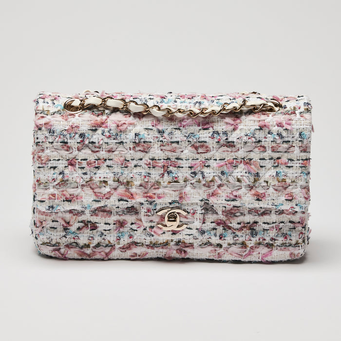 Pre-Loved Chanel™ White/Pink/Blue Tweed Medium Classic Double Flap Bag