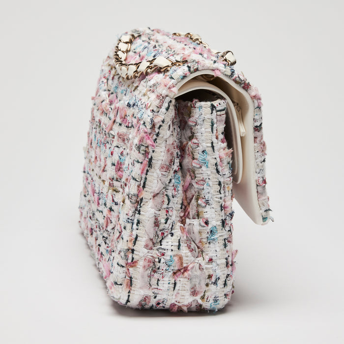 Pre-Loved Chanel™ White/Pink/Blue Tweed Medium Classic Double Flap Bag