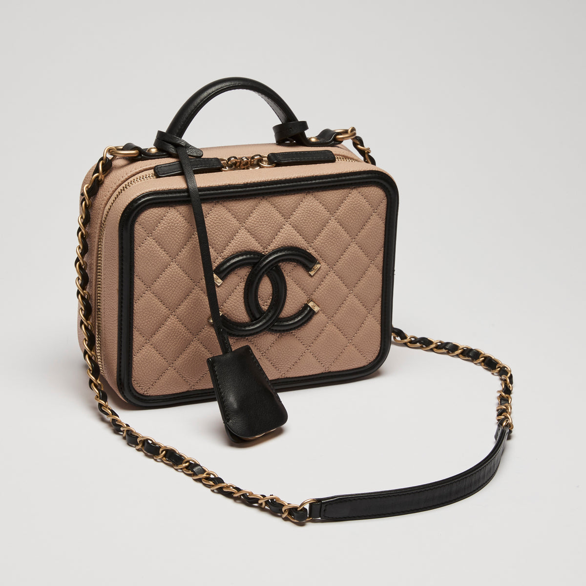 Pre-Loved Chanel™ Tan Two Tone Pebbled Leather Vanity Bag