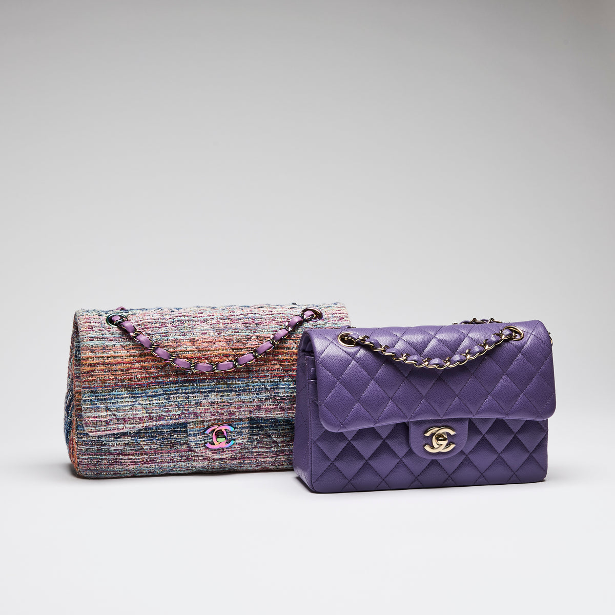 Pre-Loved Chanel™  Purple Blue Multicolor Tweed Medium Classic Double Flap Bag