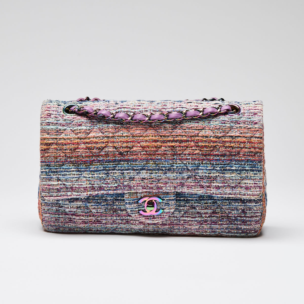 Pre-Loved Chanel™  Purple Blue Multicolor Tweed Medium Classic Double Flap Bag