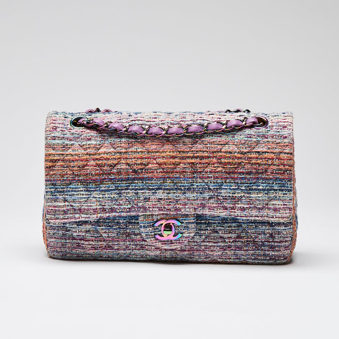 Pre-Loved Chanel™  Purple Blue Multicolor Tweed Medium Classic Double Flap Bag