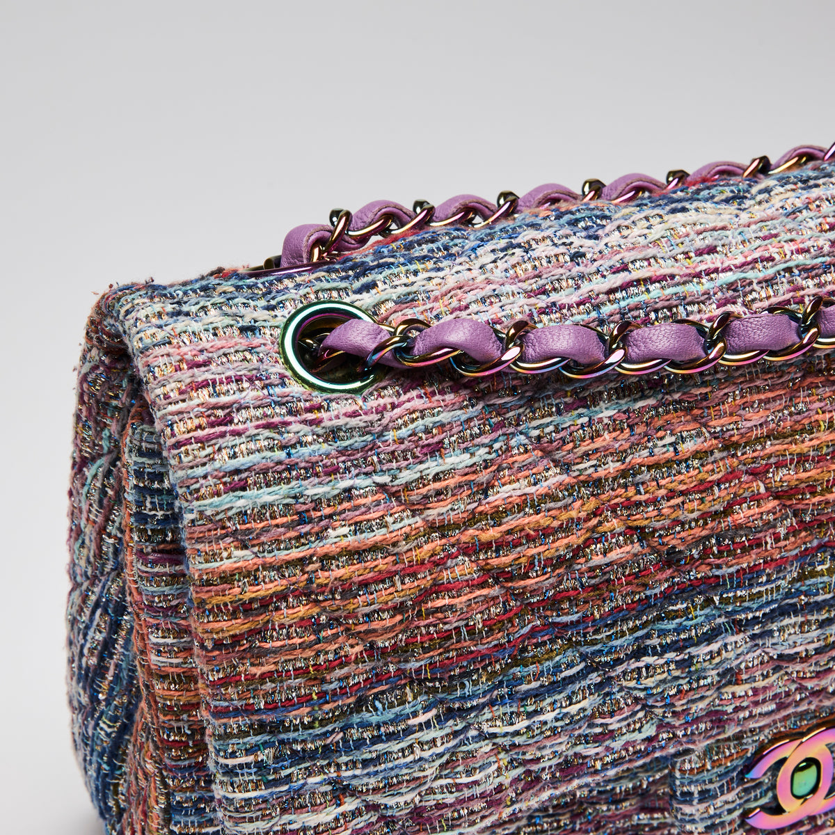 Pre-Loved Chanel™  Purple Blue Multicolor Tweed Medium Classic Double Flap Bag