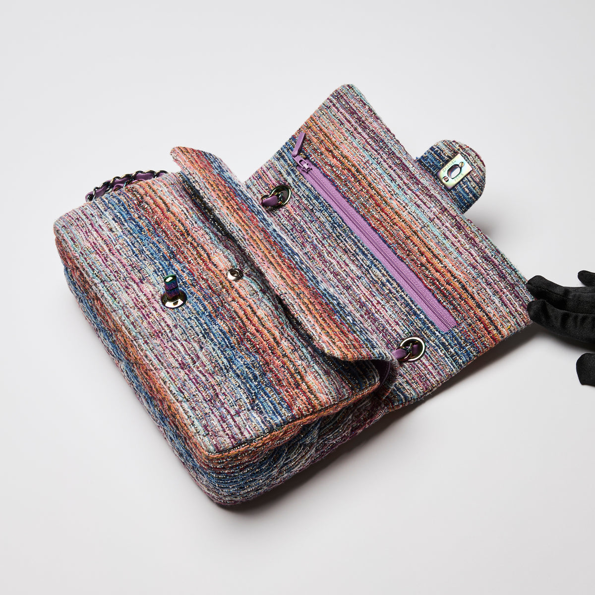 Pre-Loved Chanel™  Purple Blue Multicolor Tweed Medium Classic Double Flap Bag