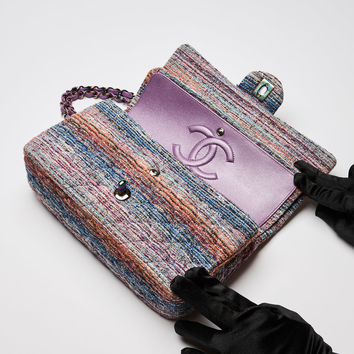 Pre-Loved Chanel™  Purple Blue Multicolor Tweed Medium Classic Double Flap Bag