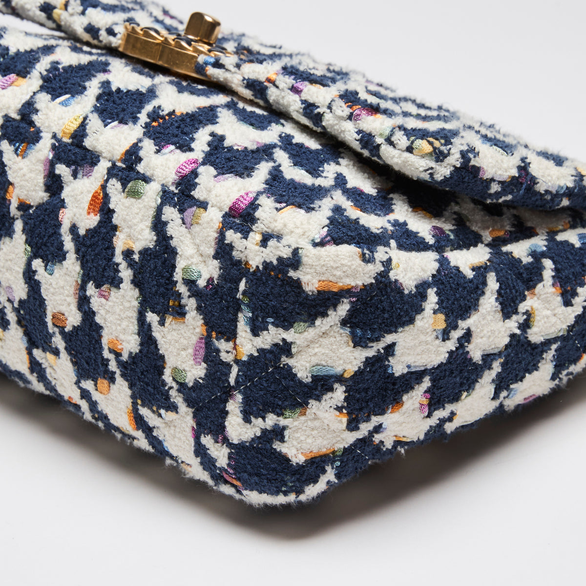 Excellent Pre-Loved Chanel Tweed Quilted Navy Blue Multicolor Small 19 Handbag (Corners)