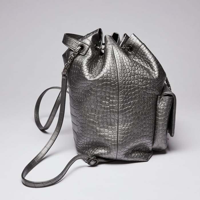 Pre-Loved Chanel™ Silver Croc Embossed Leather Backpack with Metallic Finish