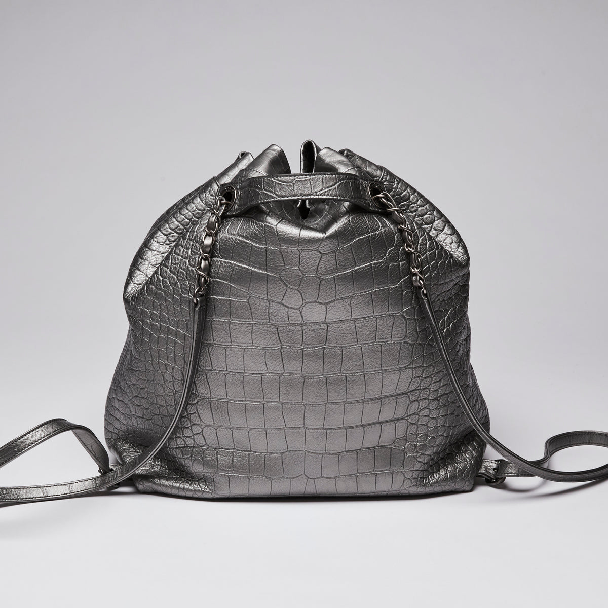 Pre-Loved Chanel™ Silver Croc Embossed Leather Backpack with Metallic Finish