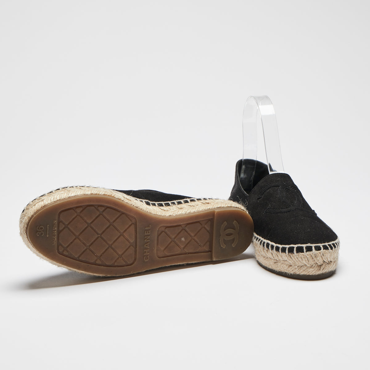 Excellent Pre-Loved Black Suede Espadrilles with Tonal Leather Lining. (bottom)